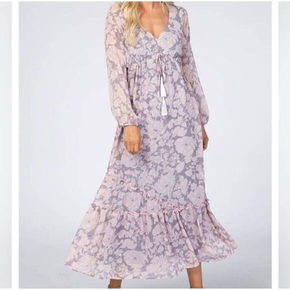 Lovestitch pale pink/ lt grey chiffon long sleeve maxidress, nwot, L - Picture 1 of 10